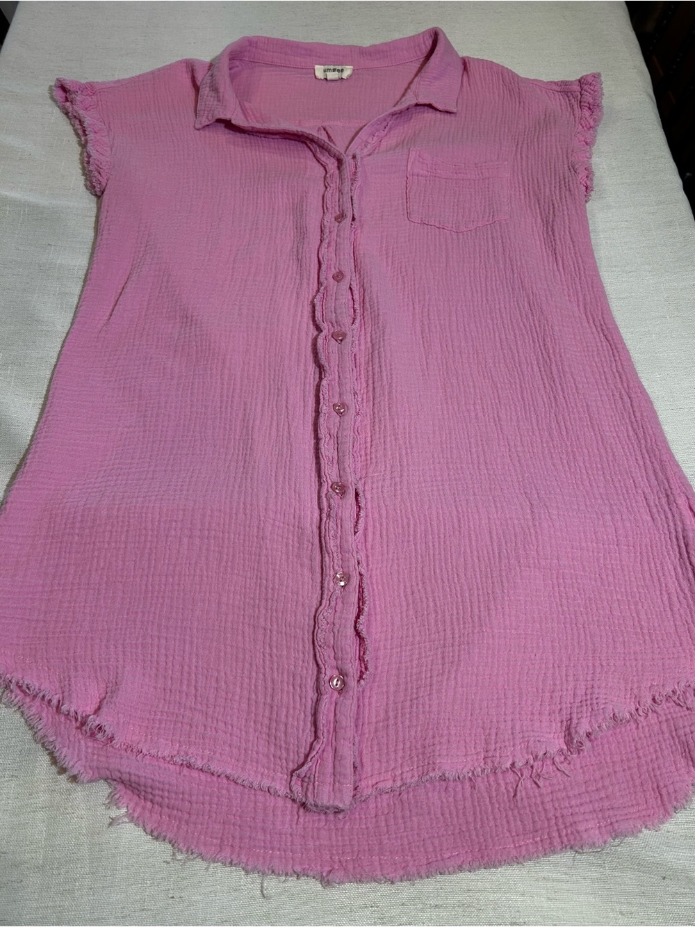 Umgee Pink Button Down Gauze Tunic Shirt Dress Frayed Raw Hem Size Small